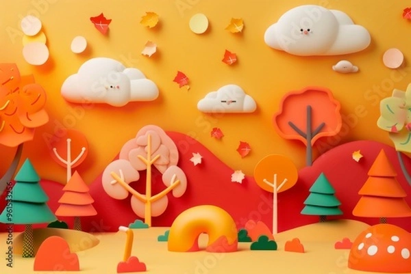 Fototapeta Playful 3D autumn landscape featuring colorful fall trees, clouds, and falling leaves, ideal for children's fall illustrations, stories, or creative marketing.