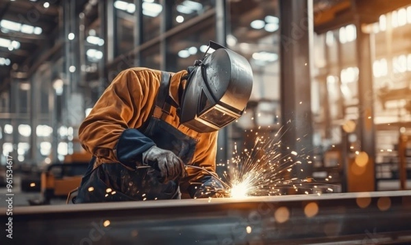 Fototapeta A professional welder wearing full protective gear, including a welding mask and gloves, operates in a well-lit industrial workshop. Bright sparks fly as the welder works with precision