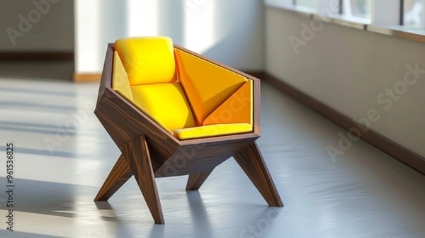 Obraz A stylish wooden armchair featuring sharp geometric design and vibrant yellow cushions. Set in a sunlit, minimalist room, this chair exemplifies modern interior design.