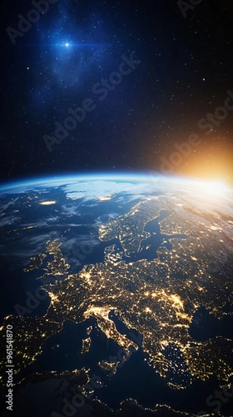Obraz Stunning View of Earth from Space with Sunrise and City Lights Illuminating the Planet
