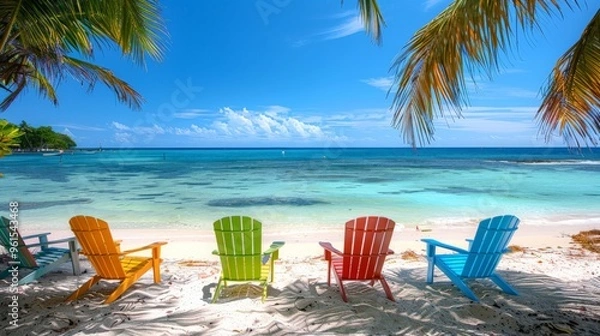 Fototapeta Discover the Tranquil Beauty of a Caribbean Beach with Colorful Lounge Chairs Overlooking Clear Blue Waters and Sunlit Skies
