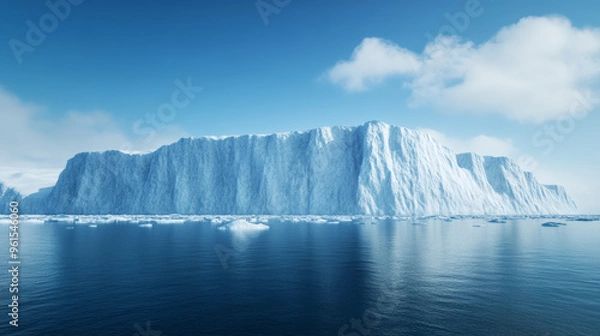 Obraz Remote Arctic coastline with icebergs drifting along the shore rugged snow-covered cliffs crisp clear atmosphere 