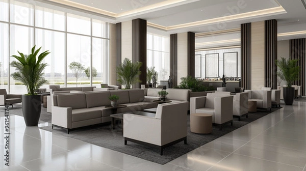 Fototapeta Spacious airport lounge with contemporary furniture, gourmet buffet spread, and passengers sipping coffee in a serene, upscale atmosphere 