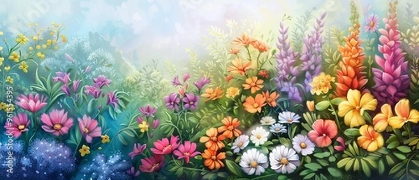 Fototapeta  A painting of a field of flowers beneath a large, blue sky The background is dominated by this expansive, uninterrupted shade of blue, while smaller patches of blue peek through among