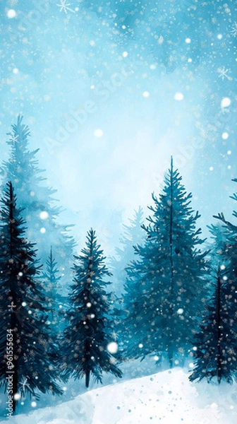 Fototapeta Landscape illustration of winter forest in cold colors. Watercolor drawing for Christmas and Happy New Year card celebration. Background design for invitation, social post, ad, cover and sale banner.