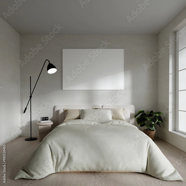 Fototapeta Modern Minimalist Bedroom Interior 3D Render with Cozy Bed, Floor Lamp, and Large Window