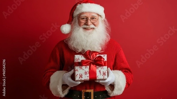 Obraz Smiling Santa Claus Holding a Christmas Gift