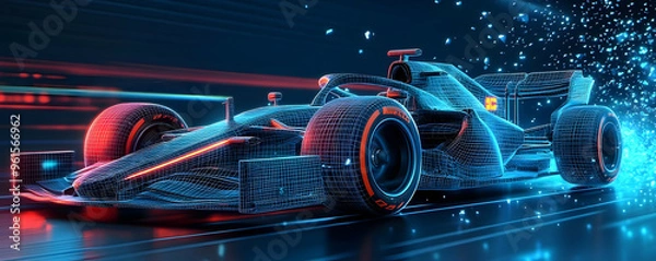 Fototapeta 3D Illustration - Neon Speed - Glowing Wireframe Formula One Race Car