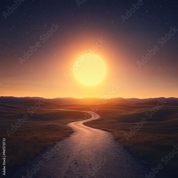 Obraz Bright sunrise illuminating a winding road, symbolizing the start of a new path.