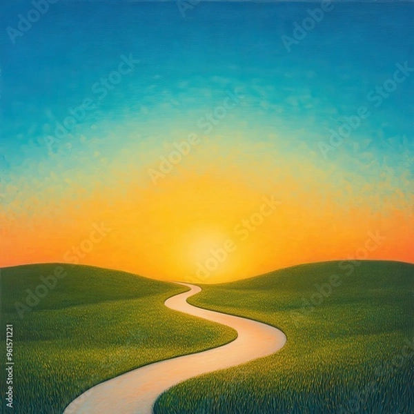Obraz Bright sunrise illuminating a winding road, symbolizing the start of a new path.
