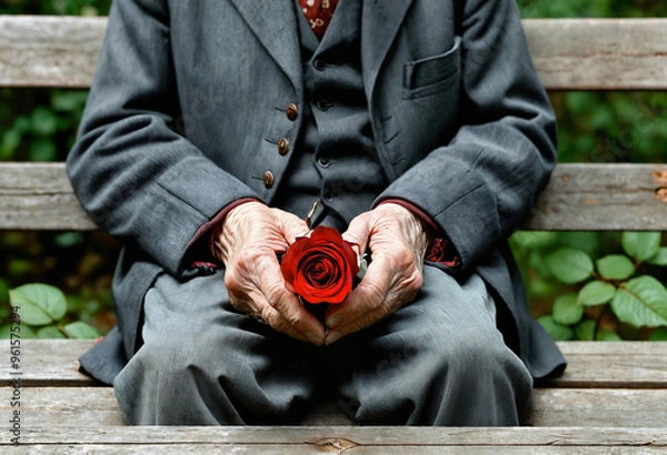 Fototapeta An elderly man on a bench, holding a red flower. 
