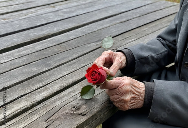Fototapeta An elderly man on a bench, holding a red flower. 
