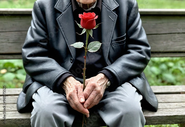 Fototapeta An elderly man on a bench, holding a red flower. 