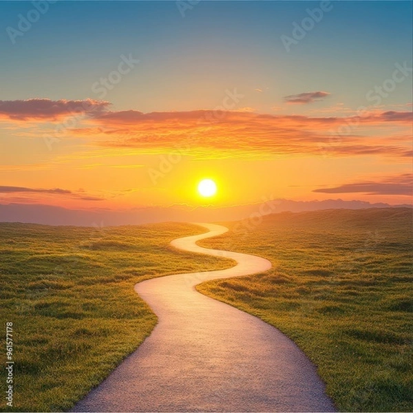 Obraz Bright sunrise illuminating a winding road, symbolizing the start of a new path.