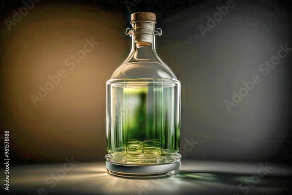 Obraz Clear glass bottle with cork stopper on reflective surface.