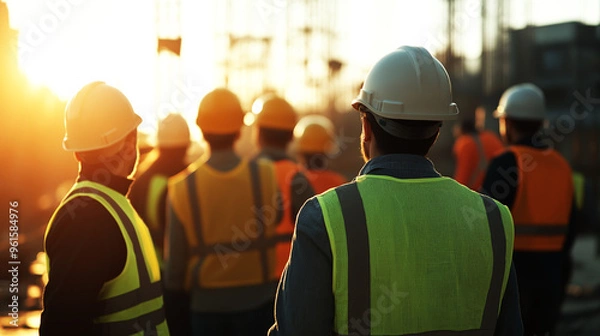 Fototapeta A group of construction workers wearing safety vests and helmets, standing together at a construction site, ready to start their teamwork on the job.