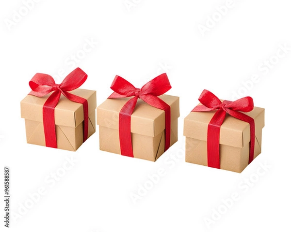 Obraz Gift Boxes with Red Ribbons in Eco Paper, Festive Cartoon Style, Isolated on a Transparent PNG Background   