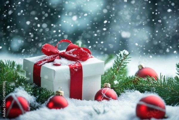 Fototapeta A snow-covered scene with a white gift box tied with a red ribbon, nestled among green pine