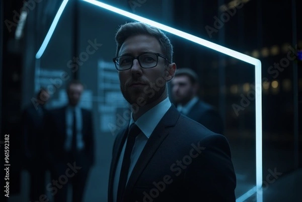 Obraz A Businessman in a Suit Standing Under a Neon Light