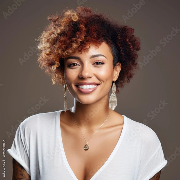 Fototapeta Smiling Black woman with short red hair on a gray background