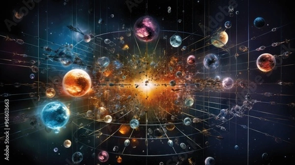 Fototapeta A mesmerizing cosmic dance of planets and stars, swirling in a symphony of light and color, creating a breathtaking spectacle of the universe.