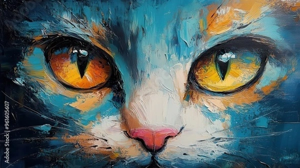 Fototapeta whimsical feline portrait impressionistic brush strokes vibrant palette expressive cat eyes dreamlike background