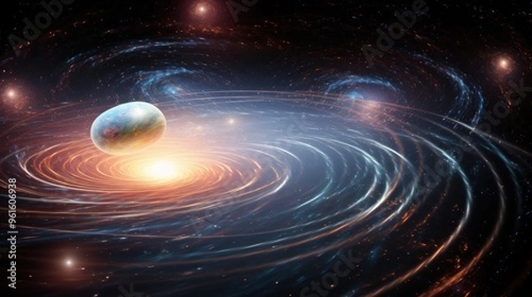 Fototapeta A swirling galaxy of stars and light, with a lone planet in the foreground, creates a mesmerizing cosmic scene.