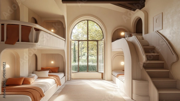Fototapeta Charming children's room in a villa, with compact bunk beds and a curved staircase,