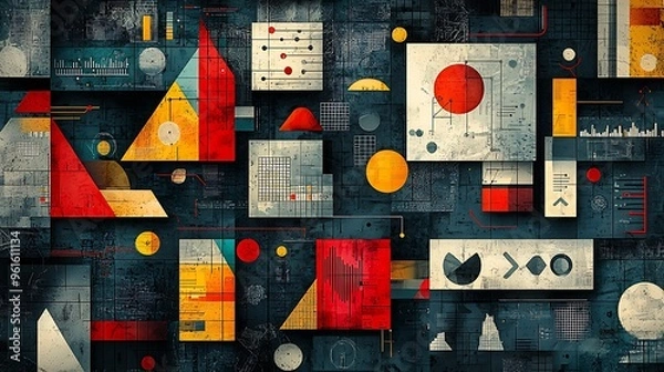 Fototapeta An abstract geometric pattern with red, yellow, and blue elements, merging bold colors and shapes.