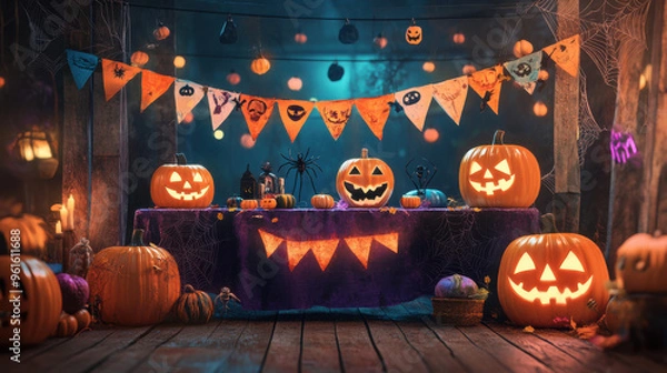 Fototapeta Cheerful Halloween setup with vibrant banners, silly spiders, and happy pumpkins,
