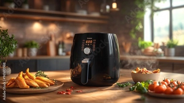 Fototapeta Modern black air fryer displaying its control panel sitting on a wooden table in a rustic style kitchen