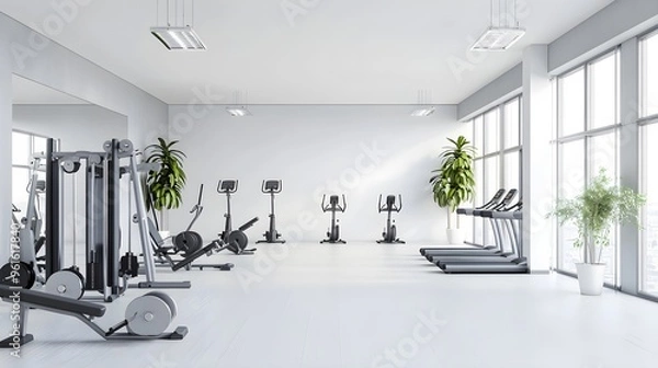 Fototapeta A spacious gym interior with modern workout equipment on a white background, emphasizing the clean and organized environment