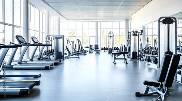 Fototapeta A spacious gym interior with modern workout equipment on a white background, emphasizing the clean and organized environment