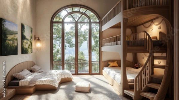 Fototapeta Elegant villa room for kids, including twin bunk beds with a connecting curved staircase,