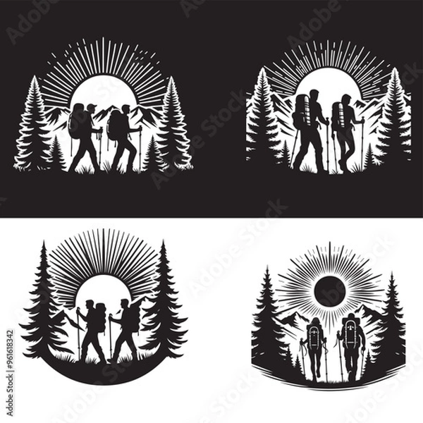 Obraz black and white silhouette of two hikers walking vector hiking logo element vector.eps