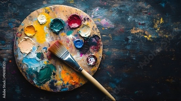 Fototapeta An overhead view of a wooden palette scattered with an array of colorful paint and a clean paintbrush resting beside it, emphasizing creativity