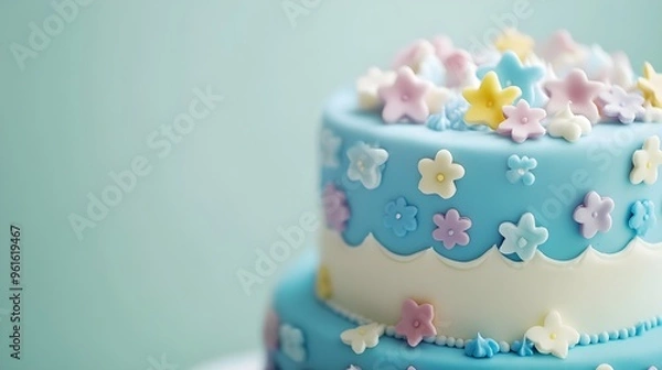 Obraz A close-up shot of a birthday cake with intricate fondant decorations, isolated on a light solid color backdrop