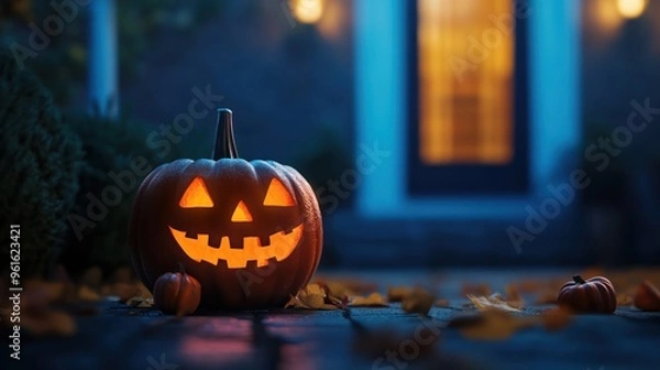 Obraz Jack-o'-lantern glowing brightly on doorstep at night