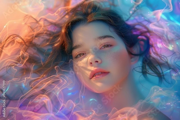 Fototapeta Ethereal beings interact with a human surrounded by vibrant, flowing lights underwater