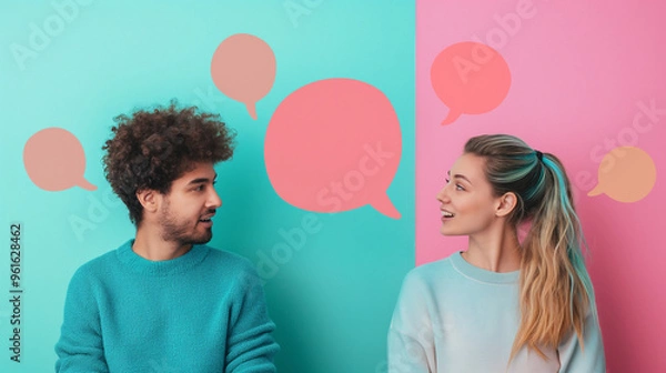 Fototapeta A man and woman having an interesting conversation with speech bubbles between them, set against a pastel blue background with pink accents.