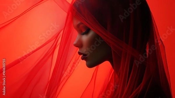 Fototapeta Elegant portrait of a woman with a red veil against a vibrant background