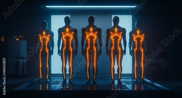 Fototapeta Futuristic humanoid figures illuminated with glowing patterns in a dark lab
