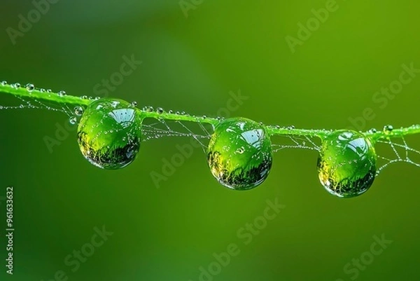 Fototapeta Dewdrops on a Spiderweb with a Green Background