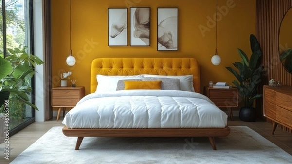 Fototapeta Modern Bedroom Interior with Yellow Accents