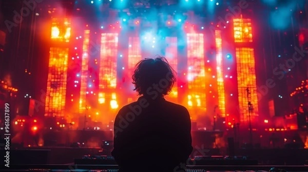 Fototapeta A concertgoer enjoys the vibrant lights and energy of a music festival performance with colorful displays in the background
