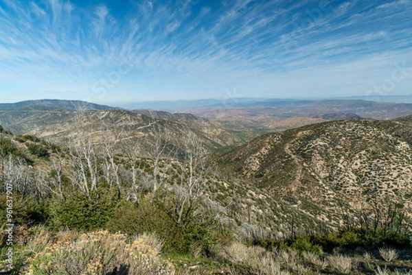 Fototapeta A mountain range with a clear blue sky and a few trees