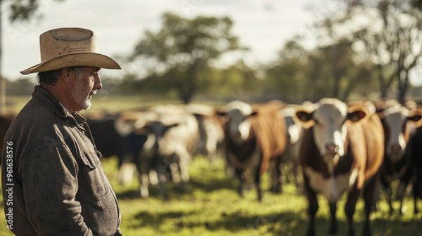 Fototapeta Veterinarian in Argentina, treating cattle in a large agricultural setting.