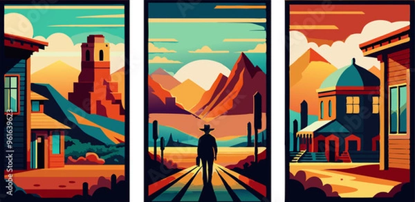 Fototapeta Three paintings of a man on a train track in the desert