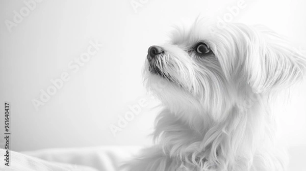 Fototapeta A black-and-white portrait of a small, fluffy dog looking thoughtfully to the side.