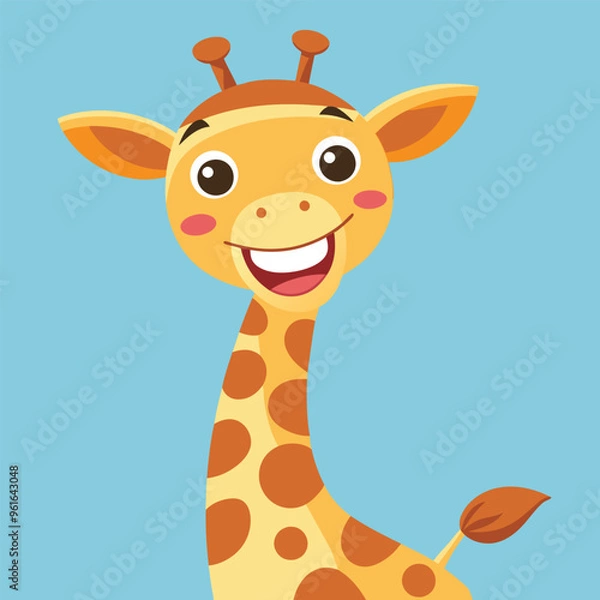 Fototapeta A cute, cheerful little giraffe smiles brightly on a blue background.vector illustrator.